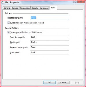 Windows Mail Account Properties IMAP options screen